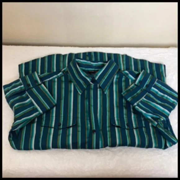 Feminine Ribbon Like Stripe Button Front Blouse Some Stretch Size 1X - Picture 4 of 4
